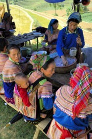 Vietnam, Lao Cai province, Bac Ha district, Can Cau market, women from the Flower Hmong minority at the restaurant