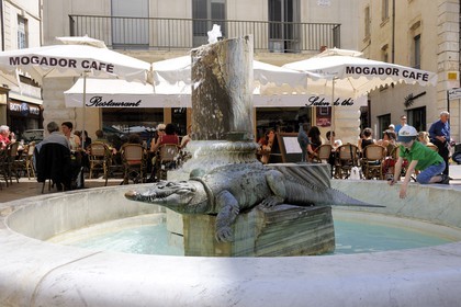 France, Gard, Nimes, crocodile fountain of the market place by Martial Raysse