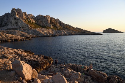 France, Bouches du Rhone, Marseille, National Park of the Calanques, Les Goudes, Cap Croisette, the cliffs of the Ile Maire and the Island Tiboulen de Maire in the background (request for authorization necessary before publication)