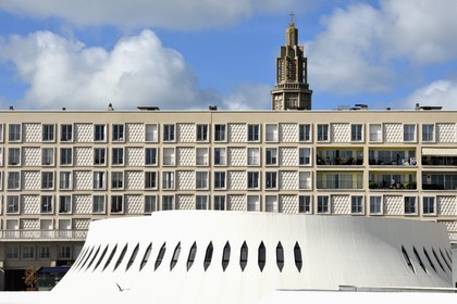 France, Seine Maritime, Le Havre, Downtown rebuilt by Auguste Perret listed as World Heritage by UNESCO, the little volcano library artwork by architect Oscar Niemeyer, the St. Joseph's Church in the background
