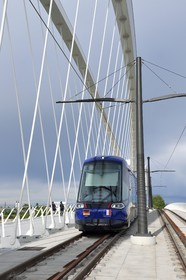 France, Bas Rhin, Strasbourg, the pedestrian, bicycle and the tram line D bridge over the Rhine river connecting Strasbourg to Kehl in Germany inaugurated on 28 April 2017 called Beatus Rhenanus bridge