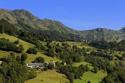 France, Cantal, Monts du Cantal, Parc Naturel Regional des Volcans d' Auvergne (Regional Nature Park of the Volcanoes of Auvergne), the Vallee de la Jordanne (Jordanne Valley) towards Mandaille-Saint-Julien