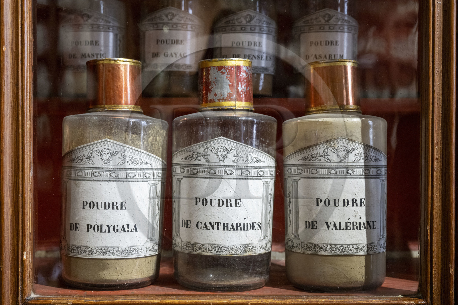 France, Côte-d'Or (21), Beaune, zone classée Patrimoine Mondial de l'UNESCO, Hospices de Beaune, l'Hôtel-Dieu, flacons en verre dans la pharmacie ou apothicairie