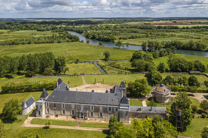 France, Charente-Maritime, Saintonge, Port-d'Envaux, Chateau de Panloy and the Charente river in the background (aerial view)