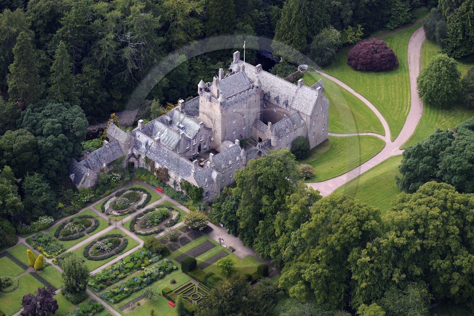 United Kingdom, Scotland, Highland, Cawdor Castle build at the end of the 14th century surrounded by gardens (aerial view)