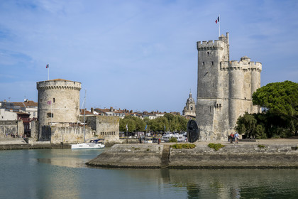 France, Charente Maritime, La Rochelle, the Old Port, Tour de la Chaine left and Tour Saint Nicolas right protect the entrance to the Old Port