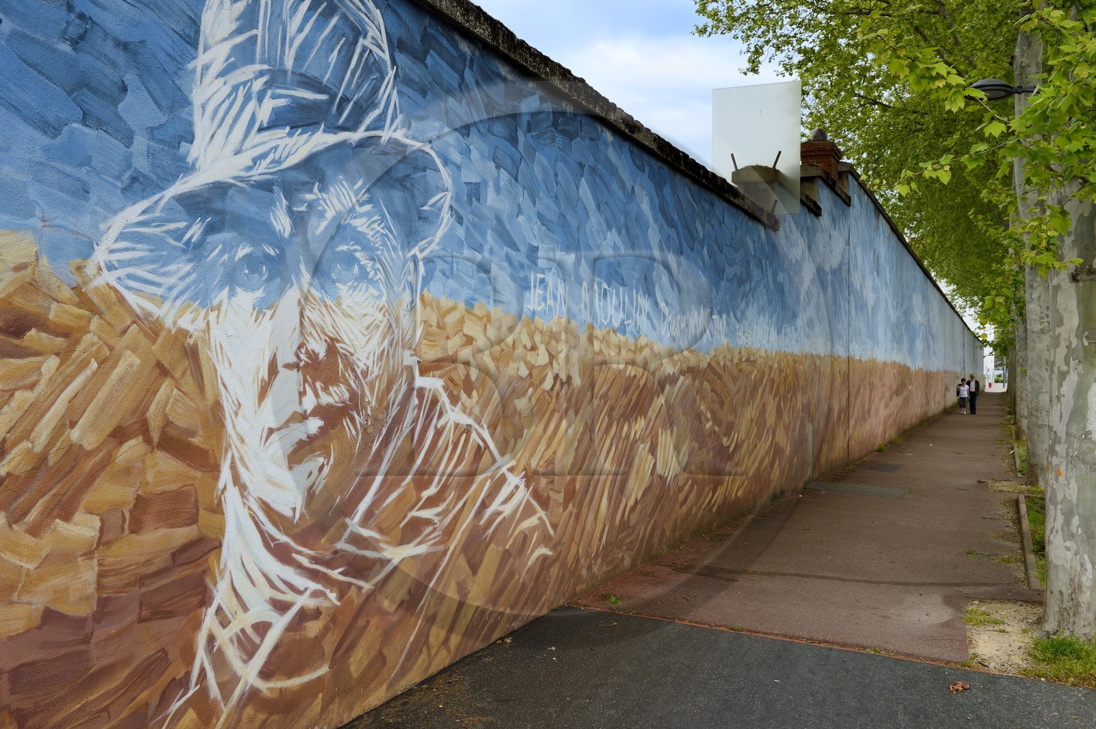 France, Rhone, Lyon, Montluc Prison Memorial, Jean Moulin hero of the Resistance painted on the outside wall of the enclosure