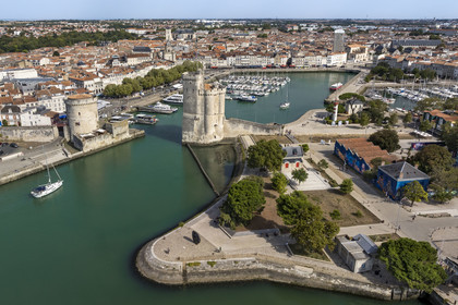 France, Charente Maritime, La Rochelle, the Old Port, Tour de la Chaine left and Tour Saint Nicolas right protect the entrance to the Old Port (aerial view)