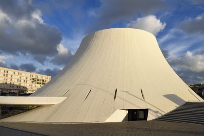France, Seine Maritime, Le Havre, Downtown rebuilt by Auguste Perret listed as World Heritage by UNESCO, the cultural center called Volcano created by Oscar Niemeyer