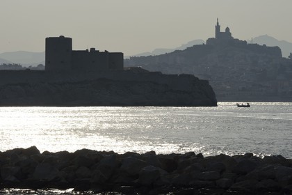 France, Bouches du Rhone, Marseille, Calanques National Park, archipelago of Frioul islands, the Chateau d'If and Notre Dame de la Garde basilica in the background