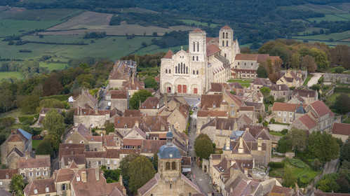 France, Yonne, regional natural park of Morvan, Vézelay, a UNESCO World Heritage site, labelled Les Plus Beaux Villages de France, starting point of one of the main ways to Santiago de Compostela, the hill and the Basilica of Saint Mary Magdalene (aerial view)