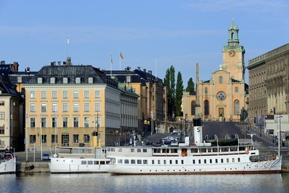 Sweden, Stockholm, the old city on the island of Gamla stan (Gamala Stan Riddarholmen) seen from the island of Skeppsholmen, the cathedral