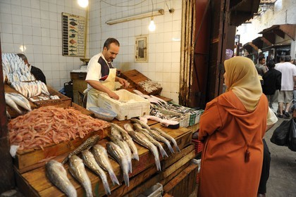 Morocco, Middle Atlas, Fez, Imperial City, Fez El Bali, medina listed as World Heritage by UNESCO, fish stall