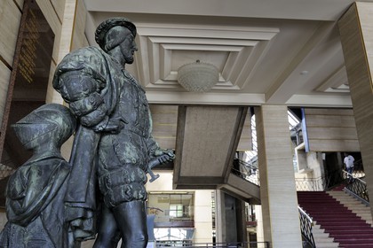 France, Seine Maritime, Le Havre, Downtown rebuilt by Auguste Perret listed as World Heritage by UNESCO, statue of Francois Ist founder of the city in the lobby of the Hotel de Ville