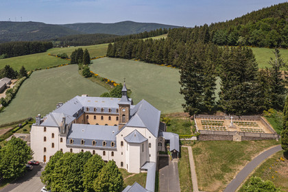 France, Ardèche, Saint-Laurent-les-Bains, Notre-Dame-des-Neiges abbey on the Robert Louis Stevenson Trail (GR 70) (aerial view)