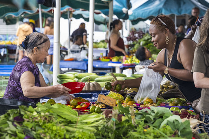 France, Guyane, Javouhey, marché du dimanche Hmong, réfugiés du Laos arrivés en 1978 qui se sont spécialisés dans la culture fruitière, femme Hmong devant son étal vendant des mandarines à une cliente