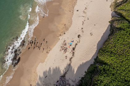 France, Cotes d'Armor, Grand Site de France Cap d'Erquy - Cap Frehel, Erquy, Portuais beach (aerial view)