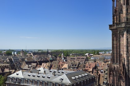France, Bas Rhin, Strasbourg, old town listed as World Heritage by UNESCO, Notre Dame Cathedral, view towards the medieval civil hospital and equestrian statue of a king on the south tower
