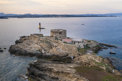 France, Var, Iles d'Hyeres, Parc National de Port Cros (National park of Port Cros), Porquerolles island, the 17th century Fort du Petit Langoustier on its island (aerial view)