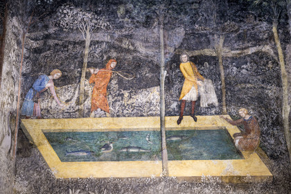 France, Vaucluse, Avignon, Palais des Papes (Palace of the Popes) classified as UNESCO World Heritage, Wardrobe Tower, the Deer's Room, the studium or study of Clement VI, which evokes in an uninterrupted panorama the lordly pleasures including various hunting and fishing techniques, the fishpond