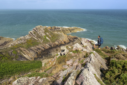 France, Cotes d'Armor, Grand Site de France Cap d'Erquy – Cap Frehel, Erquy, hikers on the GR34 hiking trail at Pointe du Cap d'Erquy