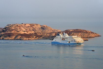 France, Bouches-du-Rhône (13), Marseille, Parc National des Calanques, Archipel des Iles du Frioul, ferry de La Meridionale en provenance de la Corse et les ruines de l'hopital Caroline sur l'Ile Ratonneau en arrière plan