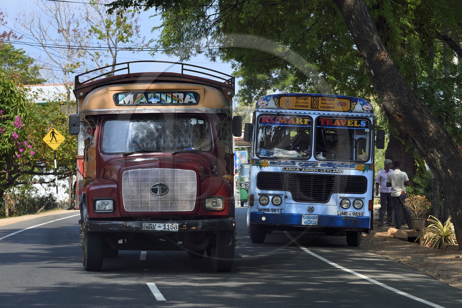 Sri Lanka, province du Centre-Nord, Polonnaruwa, camion Tata et bus intercités privés (pas de couleur rouge)