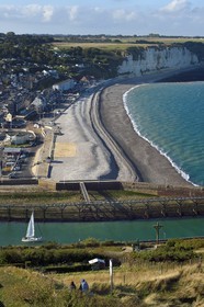 France, Seine Maritime, Pays de Caux, Cote d'Albatre, Fecamp, the entrance of the harbor, the seafront and the pebble beach