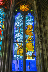 France, Nièvre, Nevers, Saint Cyr et Sainte Julitte cathedral, contemporary stained glass windows, Chapel of the Joyful Mysteries, the Nativity by the artist Jean-Michel Alberola and Dominique Duchemin (Master glassmaker)