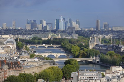 France, Paris (75), vue générale depuis la cathédrale Notre-Dame de Paris avec les rives de la Seine classées Patrimoine Mondial de l'UNESCO et les tours de la Défense