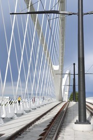 France, Bas-Rhin (67), Strasbourg, le pont piéton, vélo et du tram de la ligne D sur le Rhin reliant Strasbourg à Kehl en Allemagne inauguré le 28 avril 2017 appelé pont Beatus Rhenanus