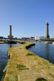 France, Finistere, Penmarch, Pointe de Penmarc'h, St Pierre Harbour, Eckmuhl Lighthouse on the right, former lighthouse and semaphore left