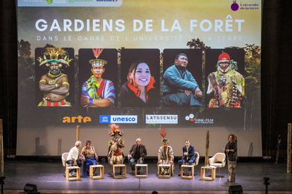 France, Paris, UNESCO Headquarters, conference at Earth University on November 25, 2022, Twyla Edgi Masuzumi, Mundiya Kepanga and Benki Piyako (three indigenous leaders representing primary forests)