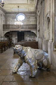 France, Cote d'Or, Climats terroirs of Burgundy listed as World Heritage by UNESCO, Beaune, the cellars of Maison Patriarche, a wine merchant-breeder company, interspersed with contemporary works of art from the In Situ gallery, Callisto (2019) by the artist Emilie Muzy in the former chapel of the Visitandines
