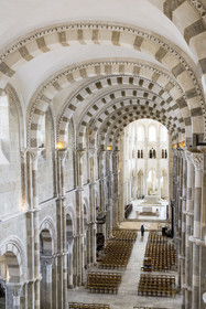 France, Yonne, regional natural park of Morvan, Vézelay, a UNESCO World Heritage site, labelled Les Plus Beaux Villages de France, starting point of one of the main ways to Santiago de Compostela, the Basilica of Saint Mary Magdalene, the nave and the choir in the background
