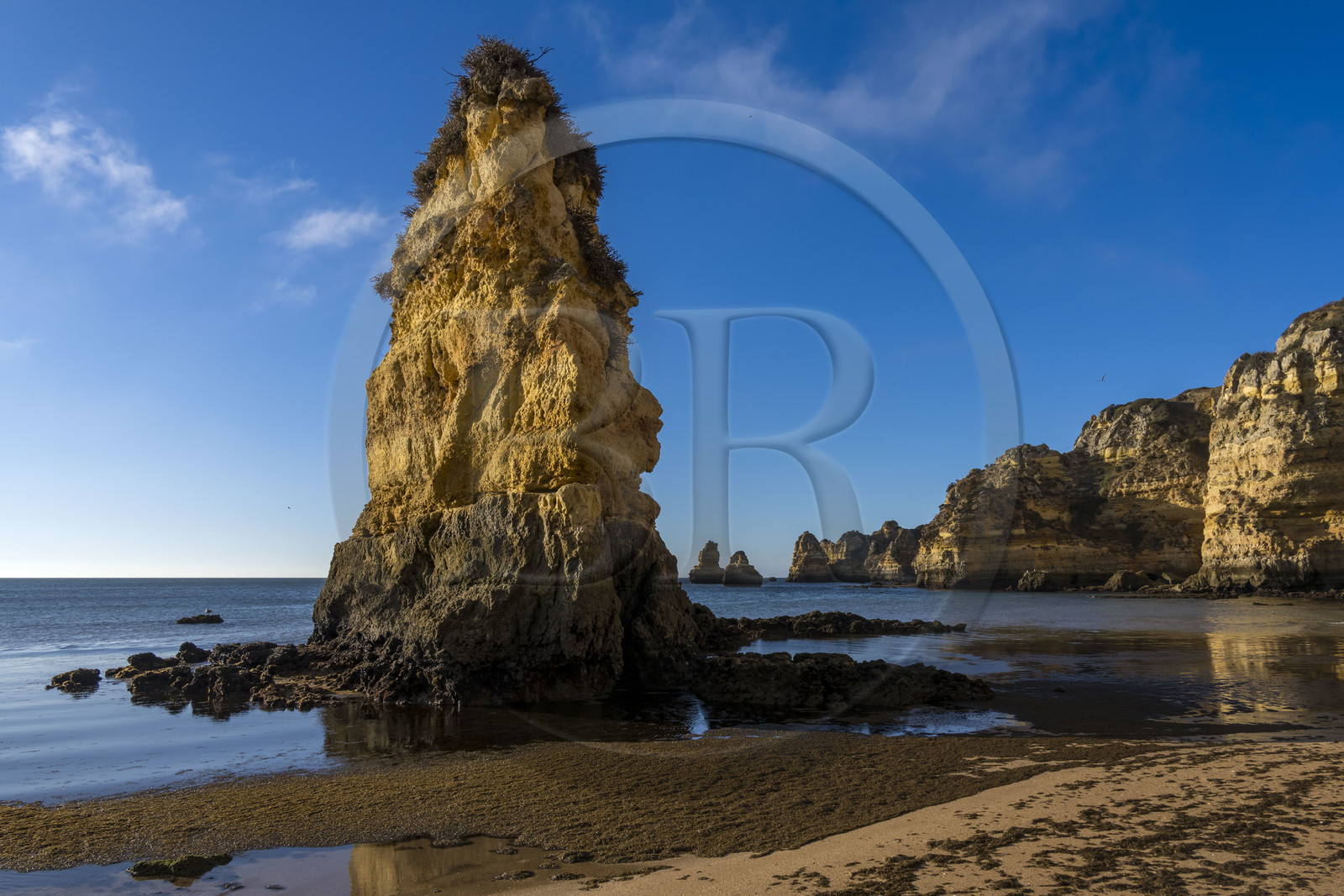 Portugal, Algarve, Lagos, la plage de Praia Dona Ana bordée par des falaises escarpées