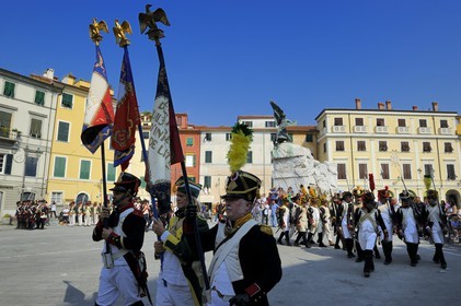 Italy, Liguria, Sarzana, Napoleon Festival, french soldiers of the Grande Armée of the 18th Heavy Infantry Regiment marching on the Piazza Matteotti