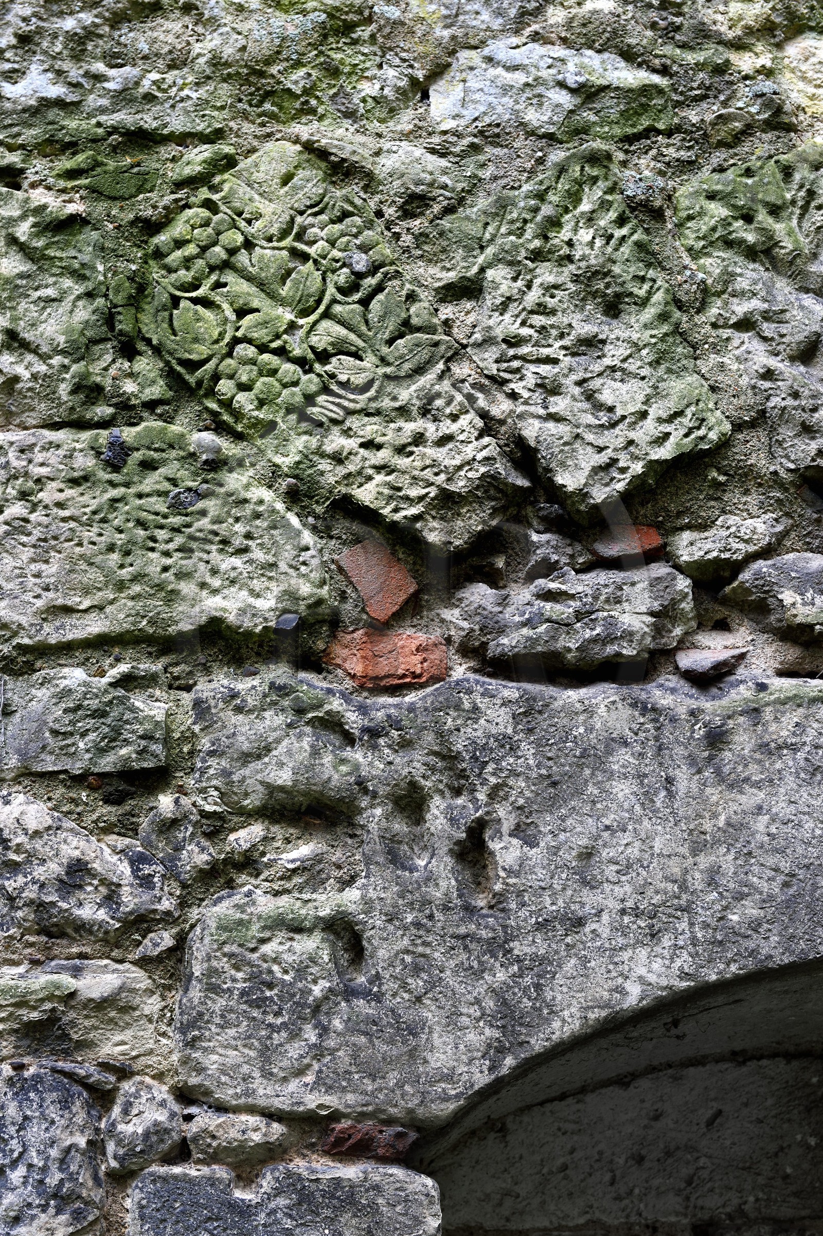 France, Dordogne (24), Périgord Blanc, Périgueux, quartier de la Cité dit de Vésone, ruines du chateau Barrière, détail d'une pierre romaine réutilisée