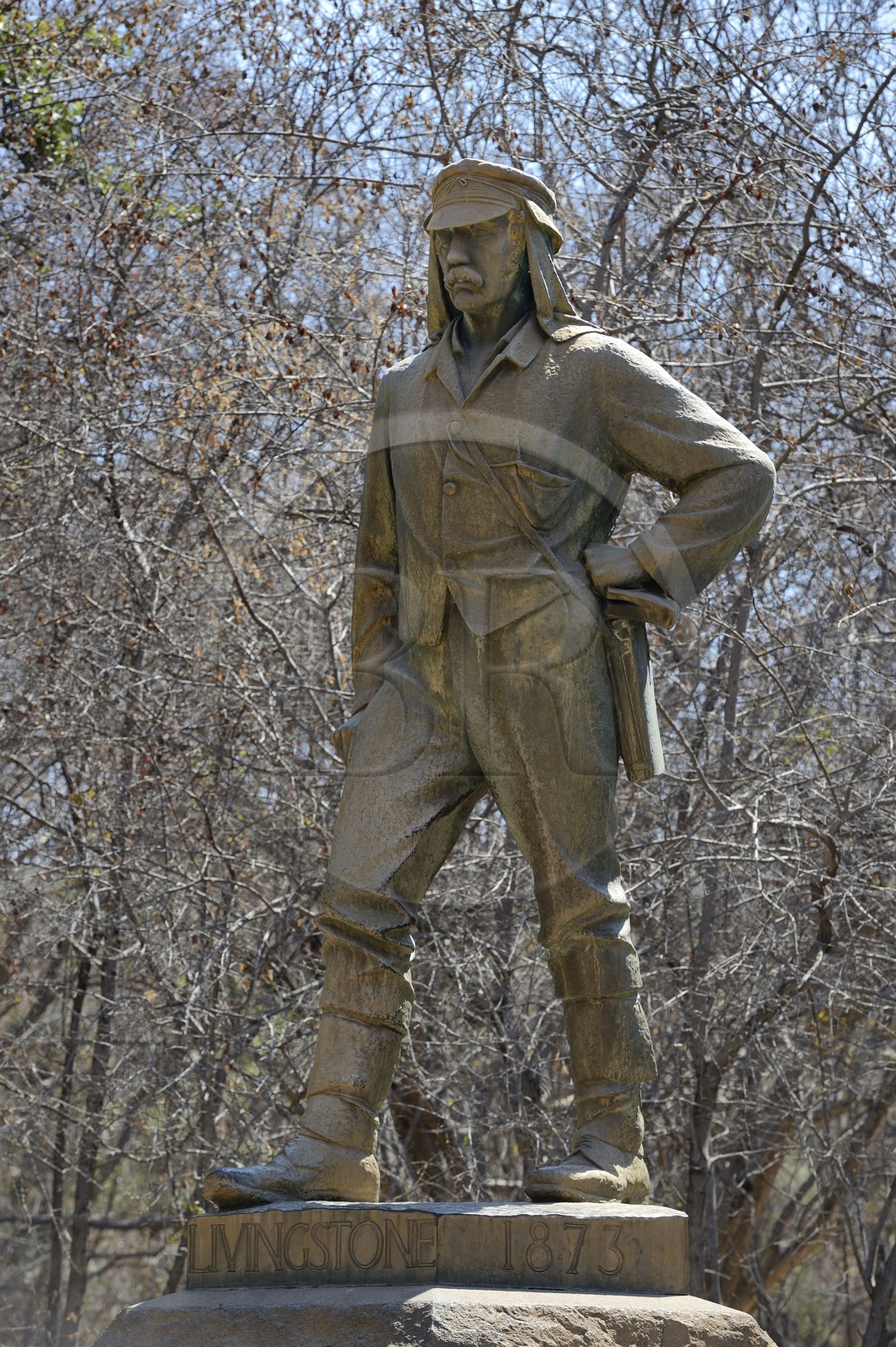 Zimbabwe, province de Matabeleland septentrional, fleuve Zambèze, les Chutes Victoria, classées Patrimoine Mondial de l'UNESCO, statue de l'explorateur Livingstone