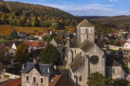 France, Cote d'Or, cultural Landscape of the climates of Burgundy listed as World Heritage by UNESCO, Route des Grands Crus (road of Vintage Wines), Nuits Saint Georges village and church (aerial view)