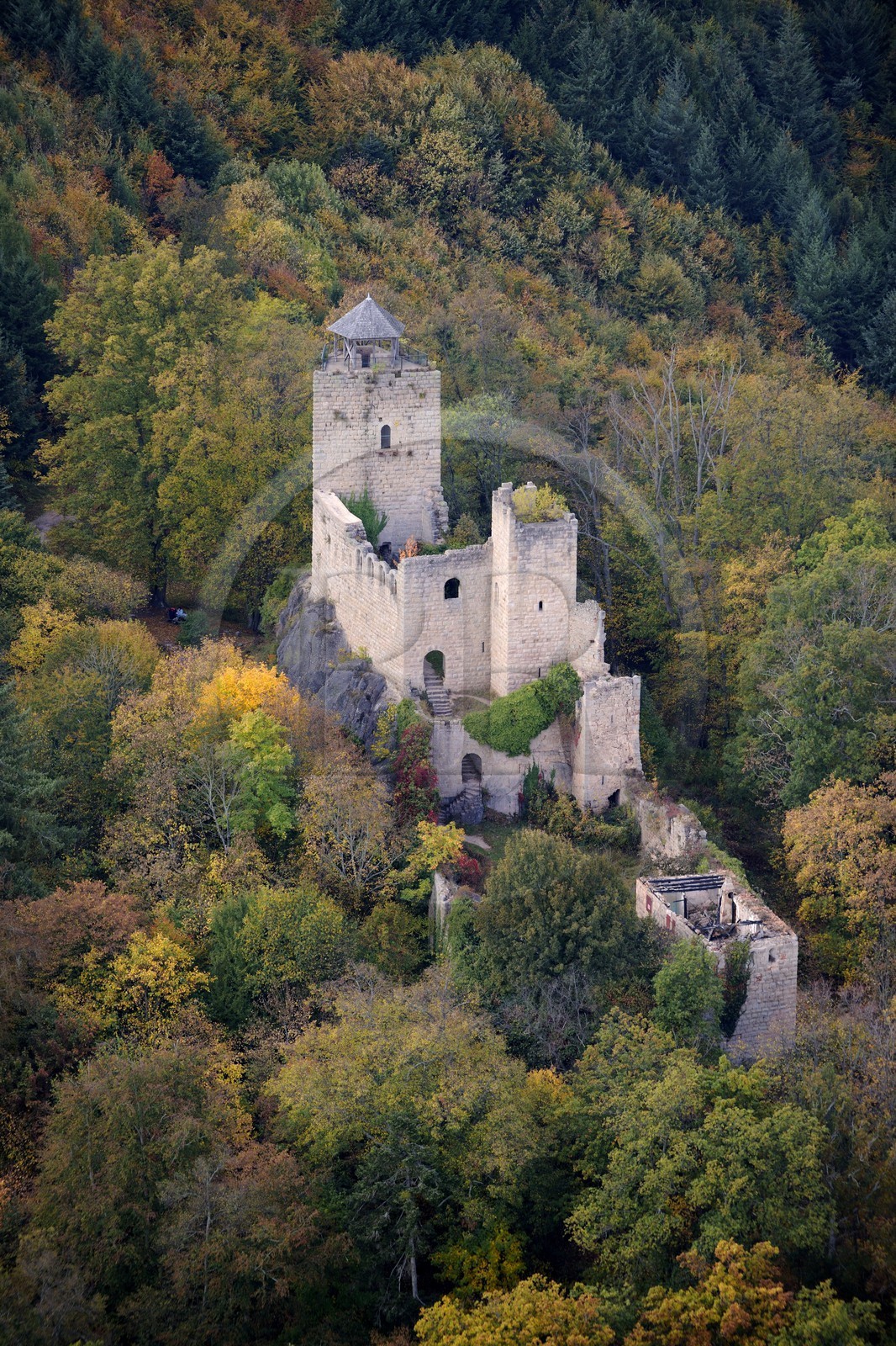 France, Bas-Rhin (67), le château de Bernstein dans la forêt des Vosges (photo aérienne)