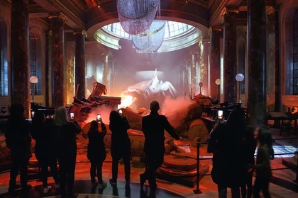 United Kingdom, Hertfordshire, Leavesden, Leavesden Film Studios, Harry Potter Studio Tour London, the scene of the eight Harry Potter movies' making of, fire-breathing Ukrainian Ironbelly Dragon in the Gringotts Wizarding Bank ruins