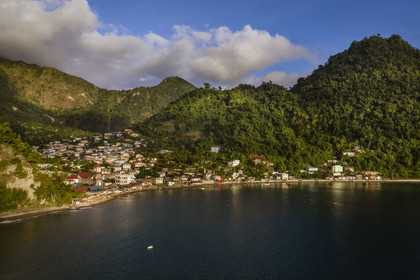 Caribbean, Dominica Island, Soufriere Bay, the beach and the village of Soufriere (aerial view)