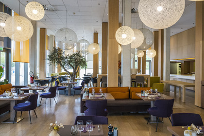 France, Herault, Montpellier, Port Marianne district, Hotel Courtyard by Marriott with contemporary architecture, the restaurant