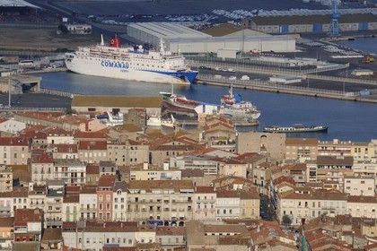France, Herault, Sete, viewpoint from Notre Dame de la Salette, ferry in the port basin Orsetti