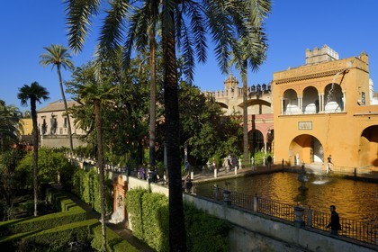 Spain, Andalusia, Seville, the Alcazar of Seville (Reales Alcazares de Sevilla), listed as World Heritage by UNESCO, the gardens and the Palacio Gotico, Mercury fountain