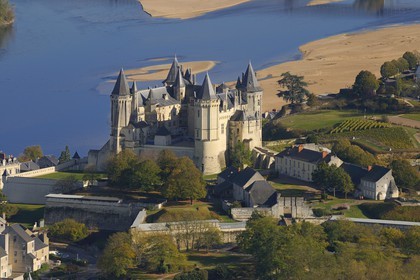 France, Maine et Loire, Loire Valley listed as World Heritage by UNESCO, Saumur, the castle on the Loire River banks (aerial view)