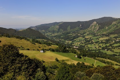 France, Cantal, Monts du Cantal, Parc Naturel Regional des Volcans d' Auvergne (Regional Nature Park of the Volcanoes of Auvergne), the Vallee de la Jordanne (Jordanne Valley) towards Mandaille-Saint-Julien