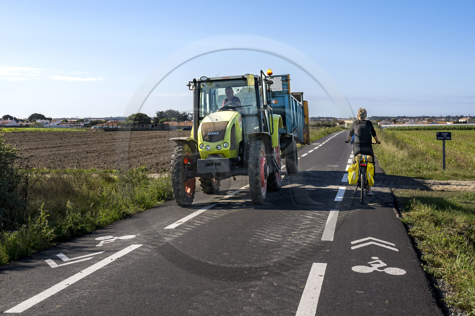 France, Vendée (85), Ile de Noirmoutier, Noirmoutier-en-l'Ile, La Messandrie, cycliste croisant un tracteur sur une route de campagne entourée de champs
