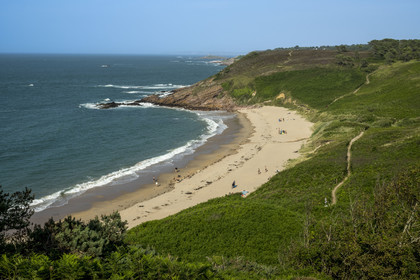 France, Cotes d'Armor, Grand Site de France Cap d'Erquy – Cap Frehel, Erquy, Portuais beach and the Saint-Michel chapel in the background